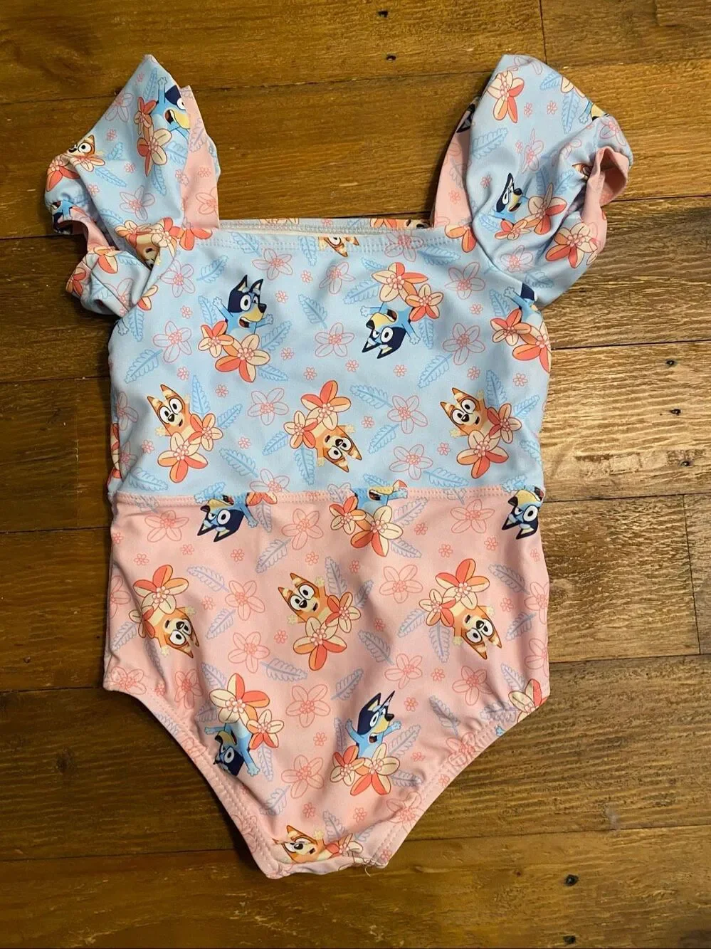 Bluey 5T girls one piece puff sleeve swimsuit pink blue Bingo